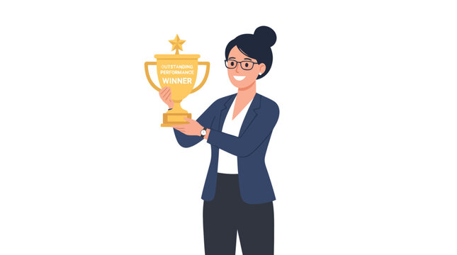 Successful businesswoman holding golden trophy for outstanding performance award achievement vector