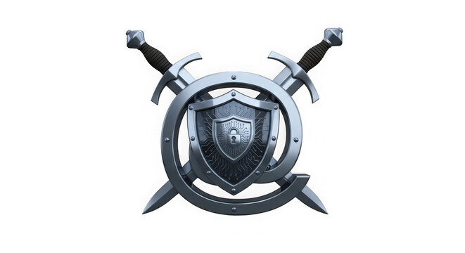 Metallic shield emblem with two crossed swords in a circular frame isolated on transparent background