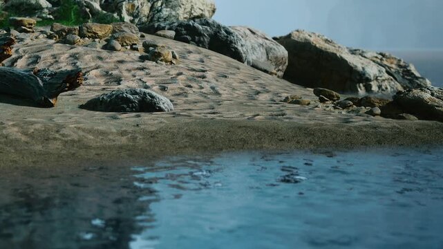 A rocky shoreline is seen with clear water reflecting the blue sky. The sand is visible along the edge where the water meets the land. There are rocks scattered across the beach.