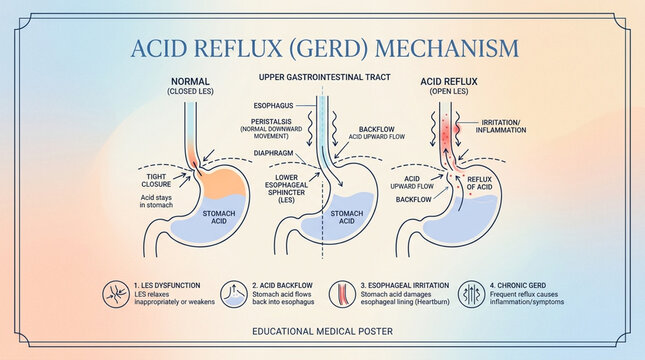 Medical Infographic of Acid Reflux GERD Mechanism and Human Stomach Anatomy