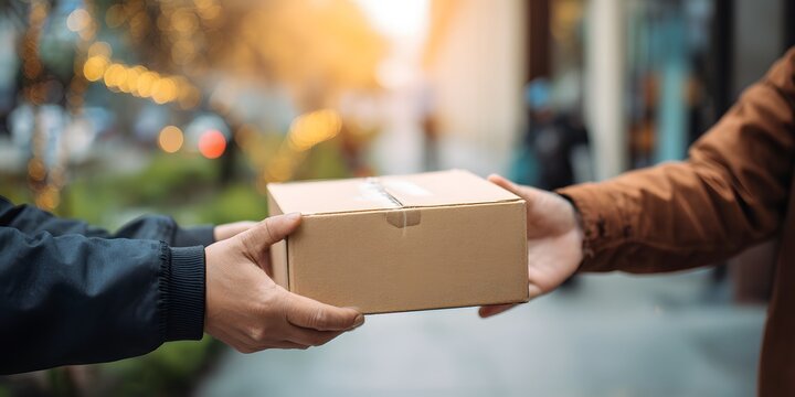 Courier handing cardboard parcel to customer during doorstep delivery in the city