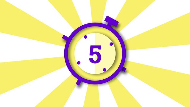 10 second countdown timer animation motion video with purple stopwatch icon over flat yellow retro sunburst radial background