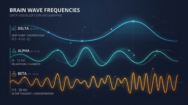 Brain Wave Frequencies Data Visualization Infographic with Delta Alpha and Beta Charts