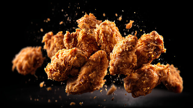 a whole bunch of crispy fried chicken tossed into the air, BLACK background. shallow-focus, 35mm, photorealistic, Canon EOS 5D Mark IV DSLR, f/5.6 aperture, 1/125 second shutter speed, ISO 100