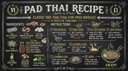 Naklejka premium Classic Pad Thai Recipe Chalkboard Infographic with Ingredients and Cooking Steps Illustration