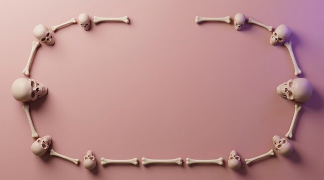A rectangular border frame made of human skulls and bones arranged on a solid pink background