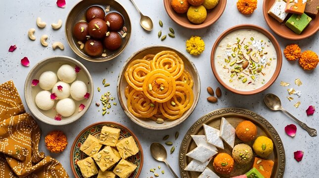 Assorted traditional indian sweets and desserts for diwali festival
