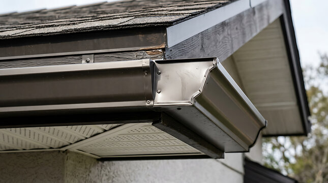 Close-up of a modern house gutter system with detailed roof edge view and rain protection components for residential buildings