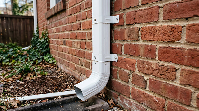 Close-up view of a white rain gutter attached to a brick exterior wall showing the downspout connection and ground-level pipe