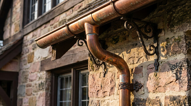 Close-up view of architectural elements showcasing aged brick wall with rusty drainage pipe system and decorative iron brackets