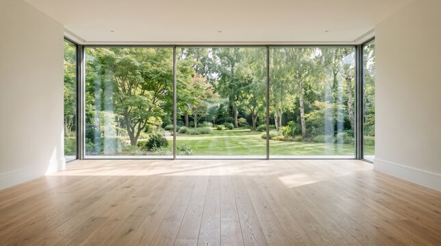 Modern empty living room interior with large panoramic glass windows overlooking a lush green garden park, bright natural sunlight illuminating light wooden flooring