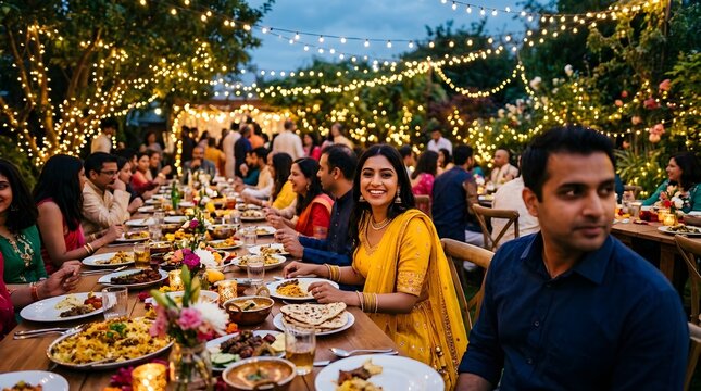 People enjoying festive outdoor dinner party with fairy lights