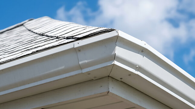 Close-up of modern white house corner with detailed soffit and roofline against a partly cloudy sky