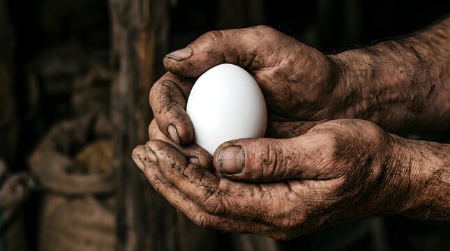 Close up of a dirty farmer holding a fresh white chicken egg in hands
