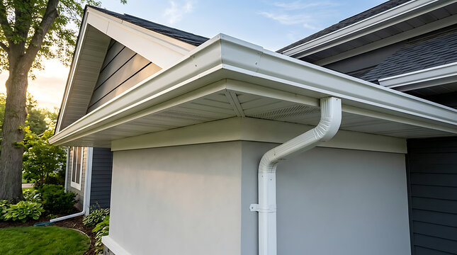Close-up view of house roof with gutter system and modern design details highlighting architecture and construction elements in