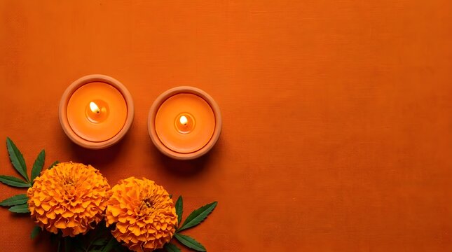 Two lit clay diyas with marigold flowers on orange background