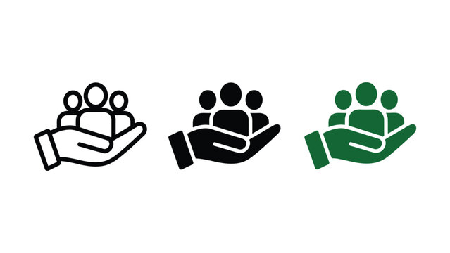 Set of three professional human resources icons depicting hands protecting people
