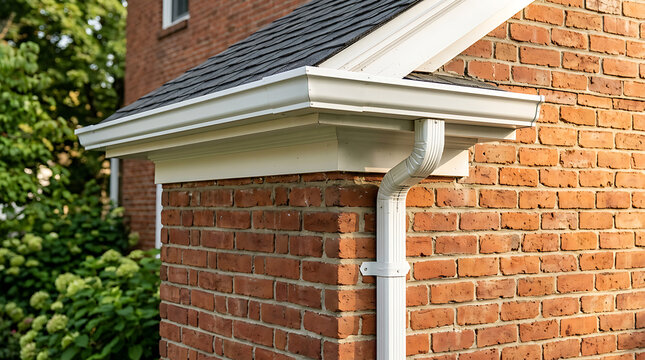 Close-up view of brick house exterior with roof gutter and downspout system in residential setting