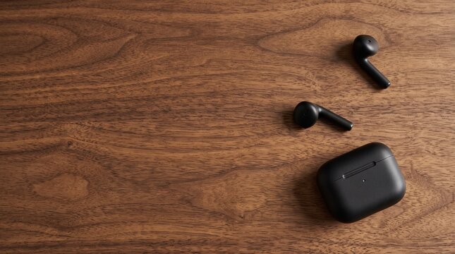 Black wireless earbuds and charging case lying on dark wood grain table surface, modern audio technology gadget, hands free listening device, minimalist product photography