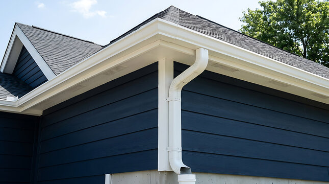 Close-up view of a modern house roof with a detailed gutter system and blue siding under a clear sky