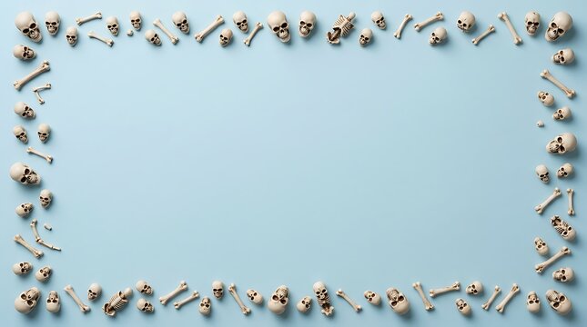 Flat lay frame composed of small plastic skulls and bones on a light blue background for halloween holiday celebration