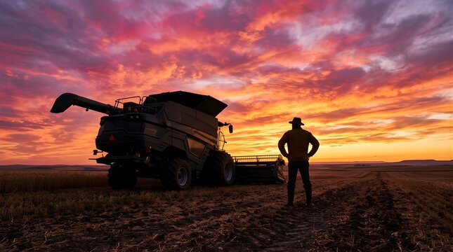 Farmer standing near combine harvester in wheat field at sunset