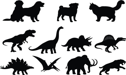 Vector collection of black animal silhouettes featuring domestic pets, dinosaurs, and prehistoric extinct mammals © MdFarhad