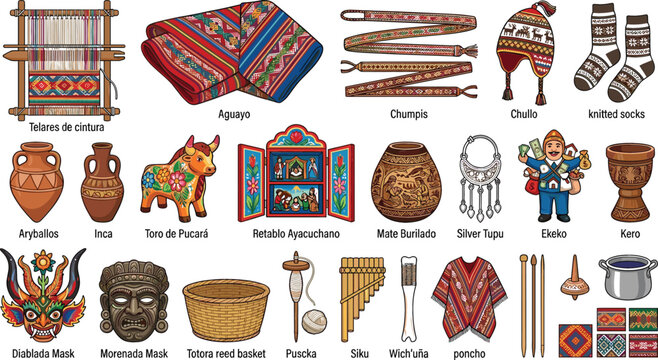 Traditional Peruvian Andean Folk Art and Craft Vector Set Featuring Retablo, Aguayo Textile, Chullo, and Cultural Souvenir Icons for South American Travel Designs