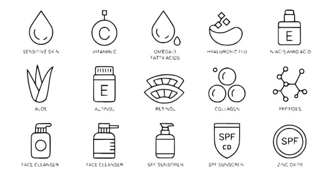 Skincare Ingredients and Beauty Care Flat Linear Vector Icon Set