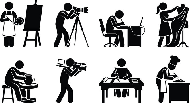Stick figure pictograms of creative professions, artists, and creators working vector silhouette set