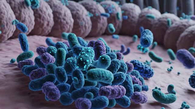 Microscopic 3D illustration of bacteria colony on intestinal wall, gut microbiome and health concept