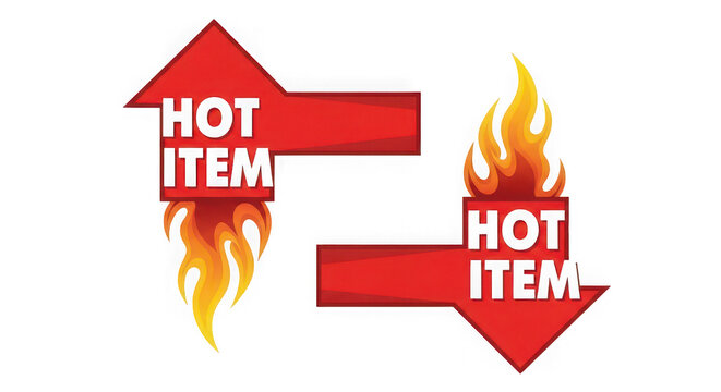 Red hot item arrow signs with fire flames for sale and marketing isolated on transparent background