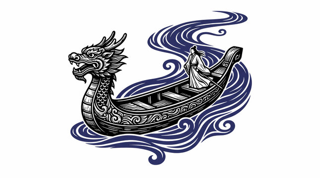 Traditional Chinese Dragon Boat with Maiden Sailing on Stylized Waves Illustration