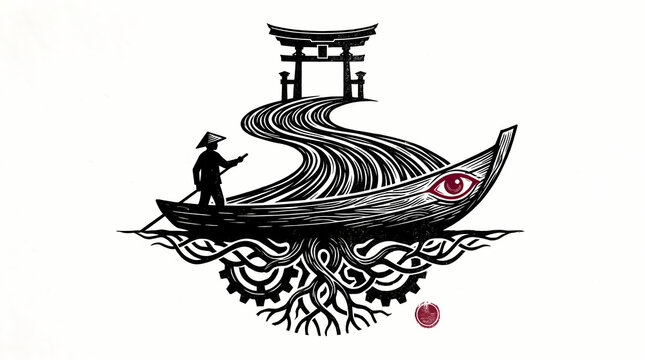 Traditional Japanese Inspired Vintage Engraving Style Illustration of a Sampan Boat Journeying Towards a Torii Gate with a Surreal Third Eye and Mechanical Roots