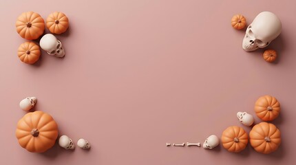 Fototapeta premium Flat lay halloween composition with small orange pumpkins and human skulls on pink background