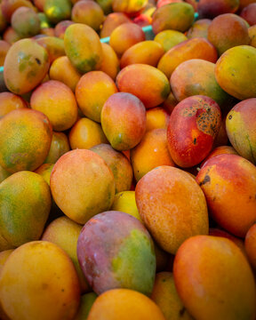 Fresh organic mangoes stacked at a local farmers market