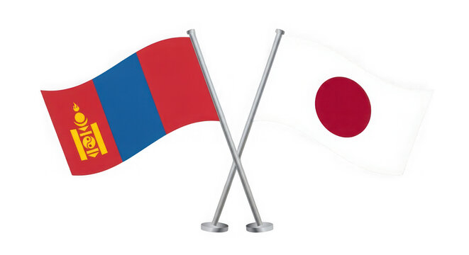 Crossed flags of mongolia and japan on poles isolated on transparent background