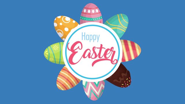 Animated happy easter greeting with decorated eggs in a flower shape formation.