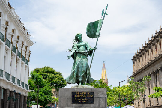 ZAPOPAN, MEXICO - AUGUST 28, 2026: Bronze statue of Beatriz Hernandez in Guadalajara historic center.