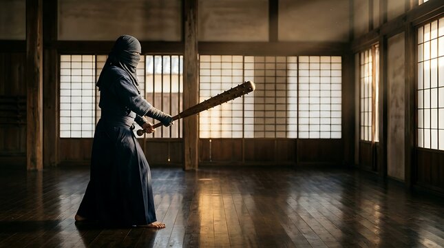 Masked ninja warrior holding a spiked wooden kanabo weapon while practicing martial arts skills inside a traditional wooden Japanese dojo