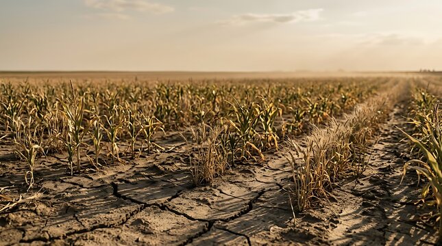 Severe drought conditions ruining a corn crop with dry, cracked earth and withered plants during a hot summer day