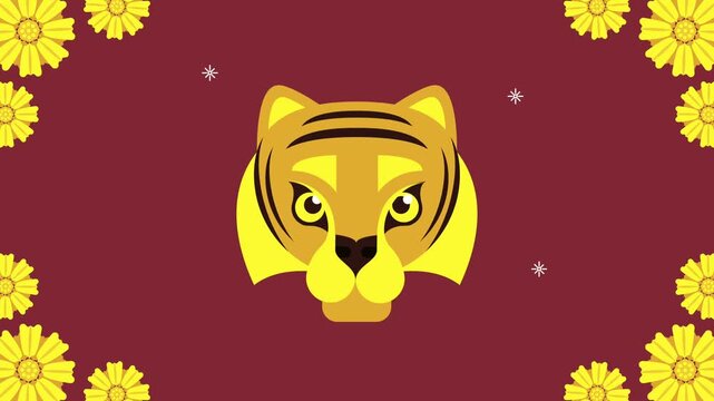Animated tiger head graphic with decorative yellow flowers and falling snowflakes on a dark red background.
