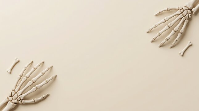 Two human skeleton hands placed at corners on a plain beige background with copy space