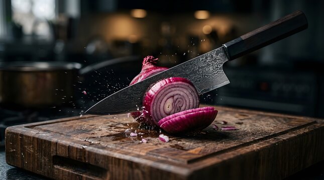 Sharp damascus steel knife cutting red onion on wooden board in kitchen