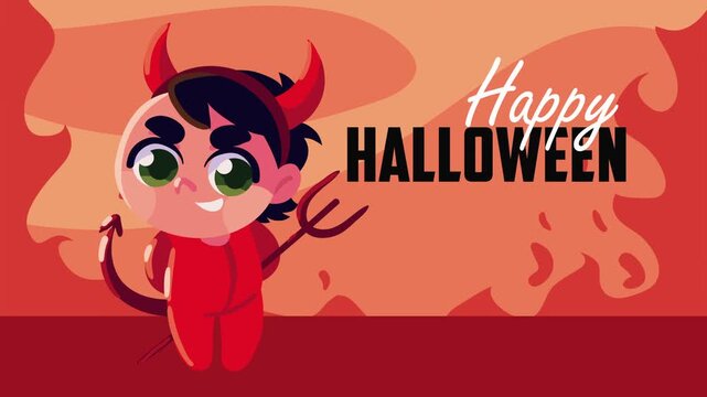 Happy halloween animation featuring small boy in red demon costume with trident on fiery background.