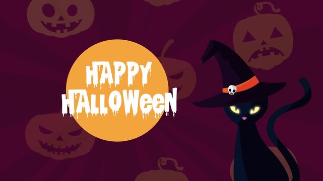 Happy Halloween animation with black cat wearing witch hat and moon background featuring floating pumpkin silhouettes.