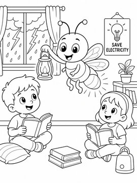 Cute cartoon firefly holding lantern helping kids read during thunderstorm, energy saving educational activity book coloring page vector
