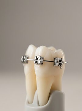 Close up of human teeth anatomical model with metal orthodontic braces for dental correction treatment and straightening procedure on neutral background