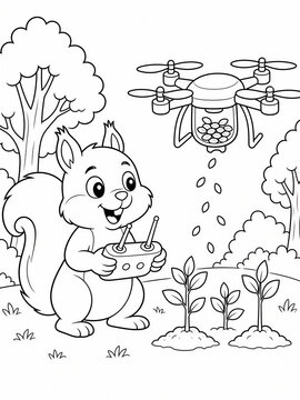 Cute cartoon squirrel operating drone to plant seeds, kids educational technology activity book coloring page vector illustration