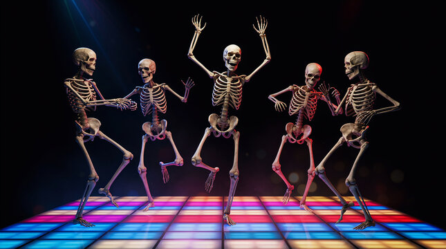 Halloween Happy skeletons dancing in neon disco background in 3d style